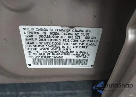 2004 Honda Pilot Ex-L z USA, uszkodzony, nr VIN 2HKYF18594H502232